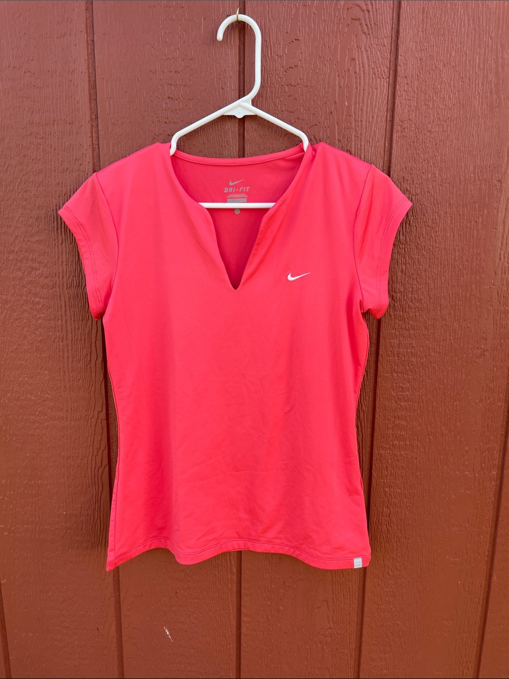 Nike Dri-FIT Women Tennis Top Pink Short Sleeve V-Neck Athletic Shirt Large - Picture 1 of 6